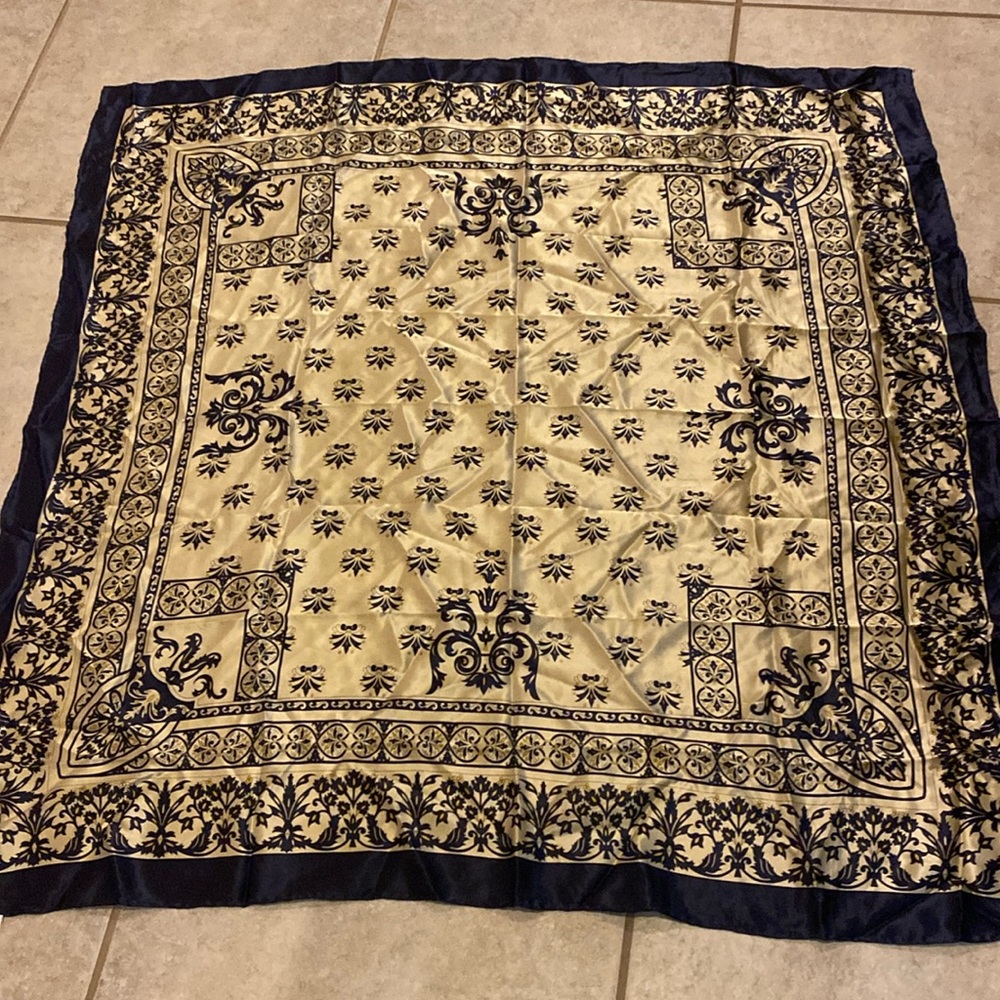 Silk-Feel Navy and Cream Floral Square Scarf